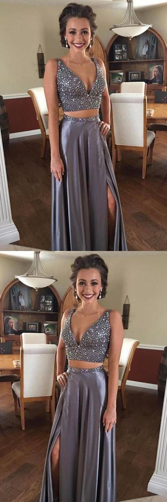 Two Piece Deep V Neck Slit Beaded Grey Chiffon Prom Dressses ,Cheap Prom Dresses,PDY0433