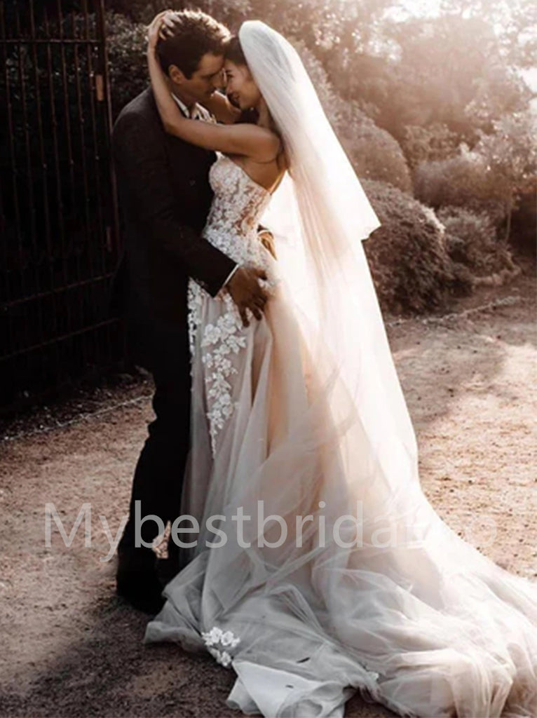 Elegant Sweetheart Sleeveless A-line lace applique Wedding Dresses, WDY0286