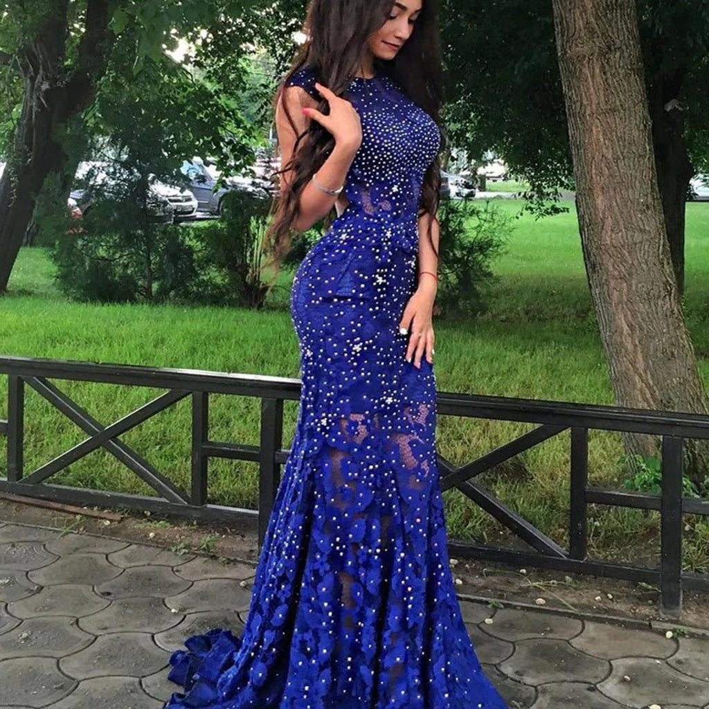 Luxurious Mermaid Jewel Sleeveless Open Back Sweep Train Lace Prom Dress With Beading ,PDY0308