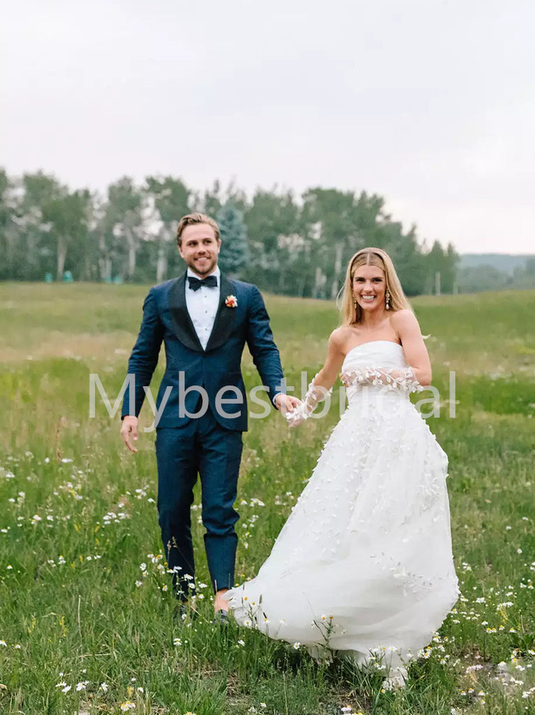 Elegant Strapless A-line Lace applique Wedding Dresses, WDY0259