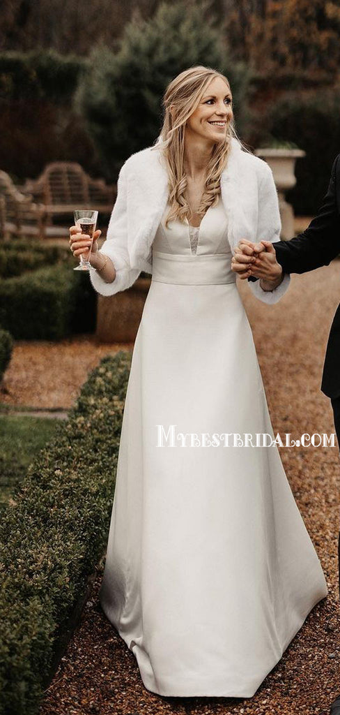 Simple Vintage V-neck Satin A-line Winter Wedding Dresses Online,WDY0242