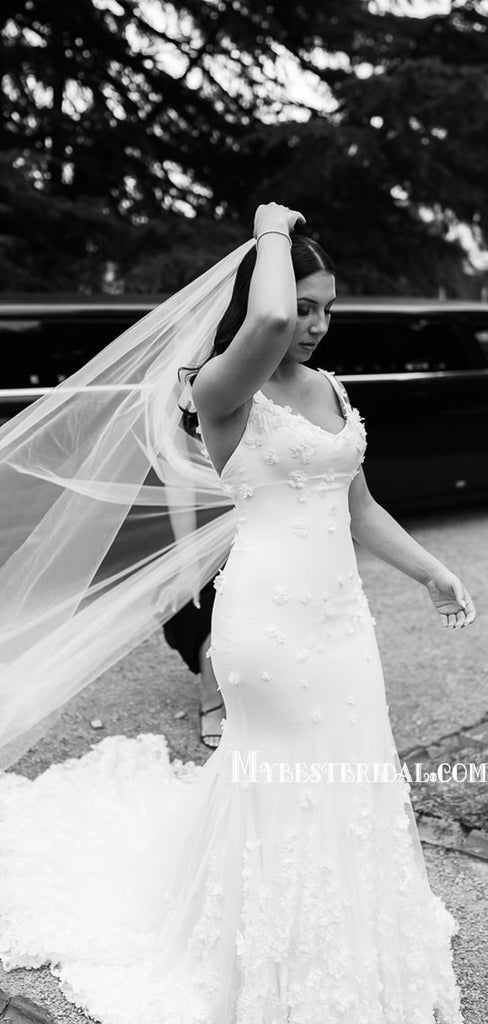 Simple Spaghetti Strap Mermaid Long Wedding Dresses With Train, WDS0079