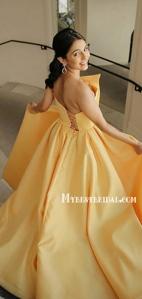 Yellow Straight A-line Satin Simple Long Prom Dresses, BG0260