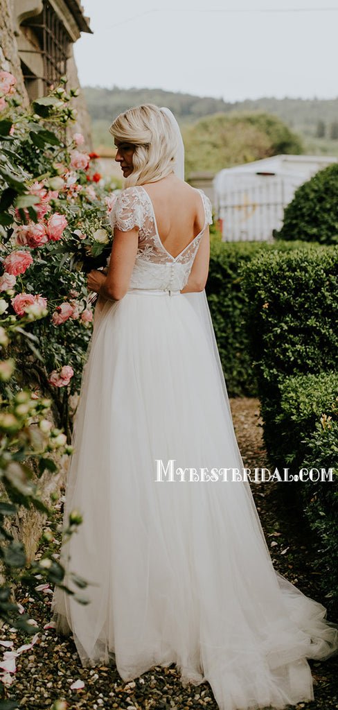 Newest Short Sleeve A-line Lace Tulle Simple Long Wedding Dresses, WDS0078