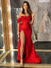 Gorgerous Off-shoulder Side Slit Satin Red Long Prom Dresses, PDS0257