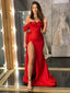 Gorgerous Off-shoulder Side Slit Satin Red Long Prom Dresses, PDS0257