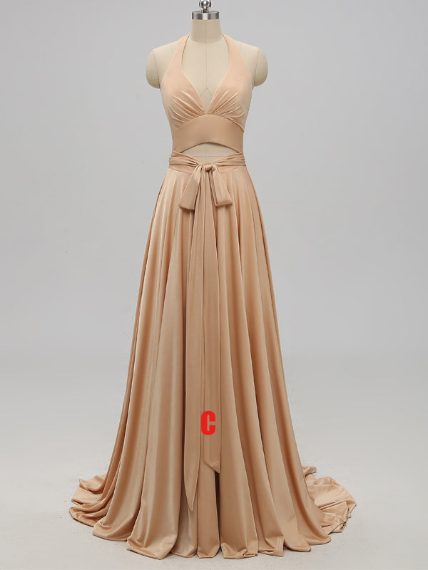 V-neck Side Slit Long Gold Bridesmaid Dresses,Sexy Bridesmaid Dresses,WGY0201
