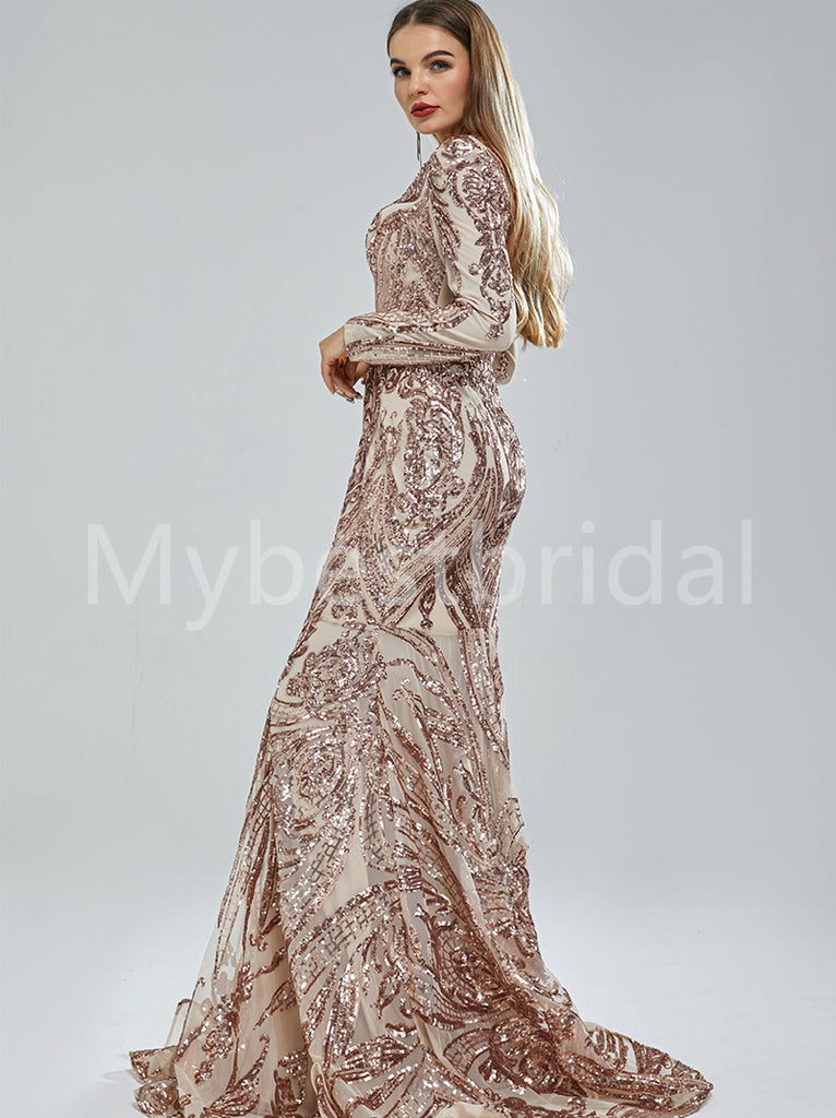 Elegant V-neck Long sleeves Mermaid Prom Dresses, PDS0509