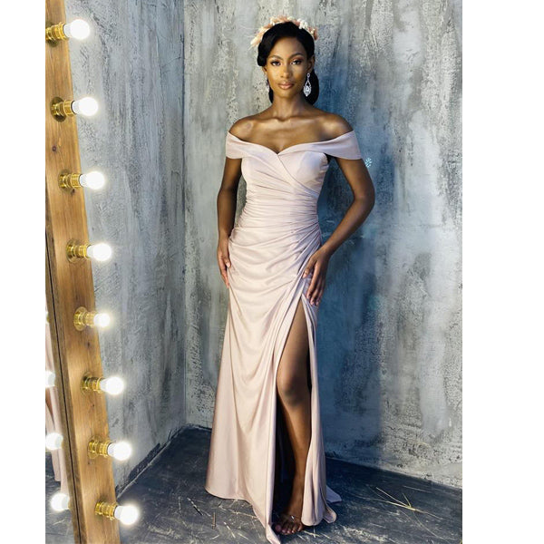 Simple Off-shoulder Mermaid Side Slit Long Bridesmaid Dresses, BDS0170