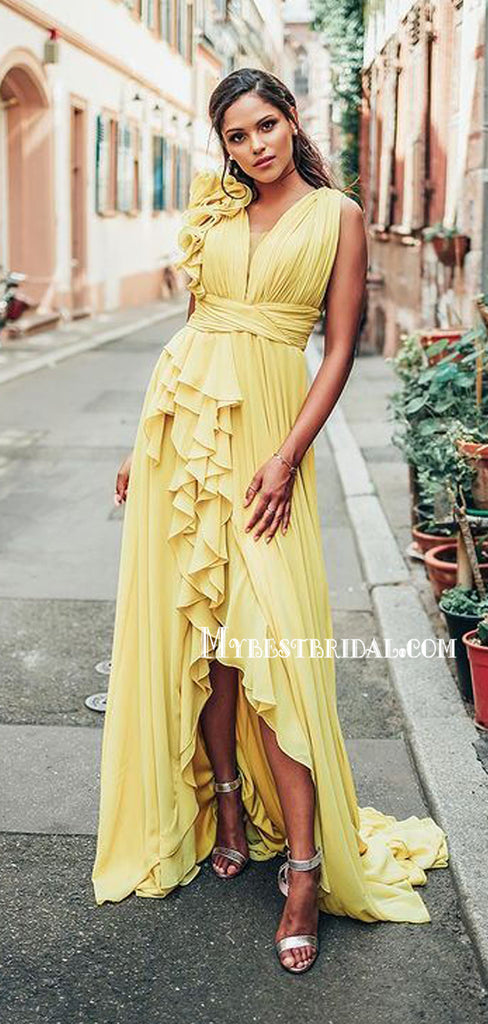 Lovely V-neck A-line Side Slit Chiffon Long Prom Dresses, PDS0256