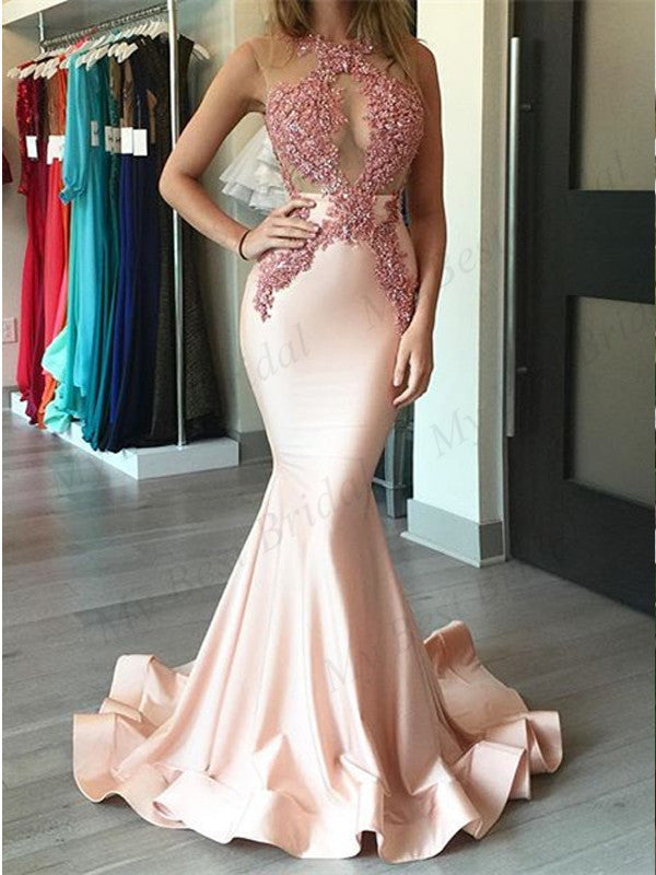 Mermaid Pink Applique Evening DressesWith Ruffles ,Cheap Prom Dresses,PDY0575