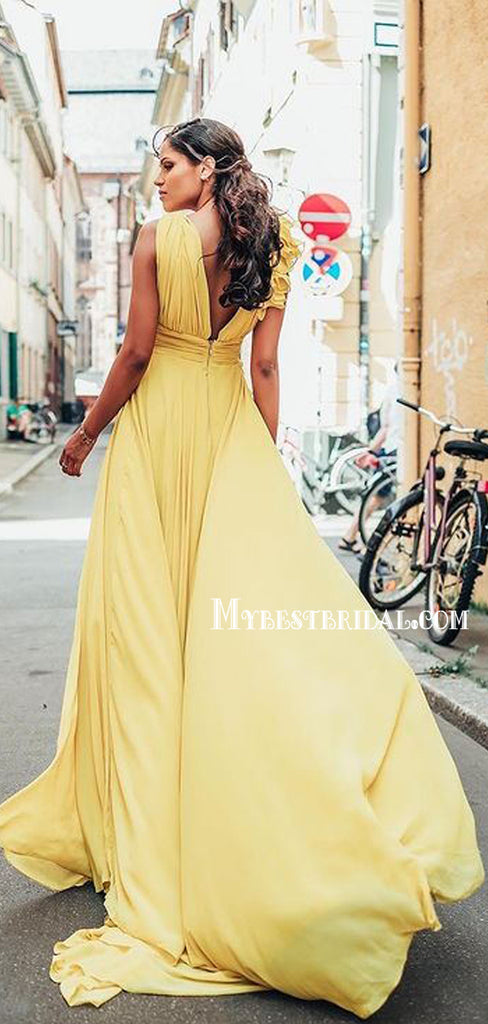 Lovely V-neck A-line Side Slit Chiffon Long Prom Dresses, PDS0256