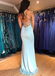 Mermaid Spaghetti Straps V-neck Blue Satin Prom Dresses,Cheap Prom Dresses,PDY0473