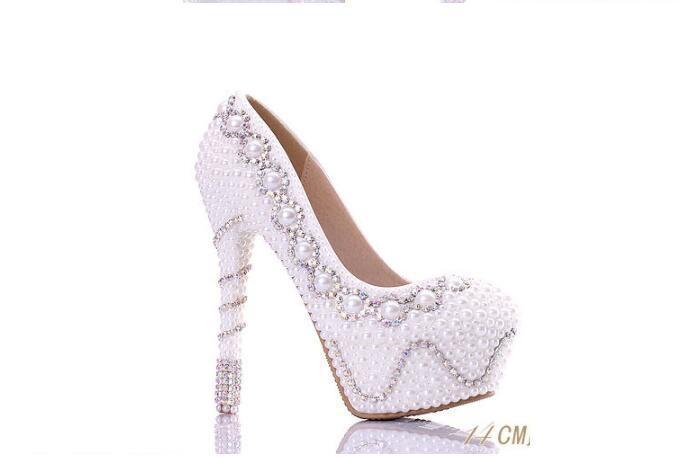 Fashion Handmade High Heels Round Toe Pearls Crystal Wedding Shoes, SY0104