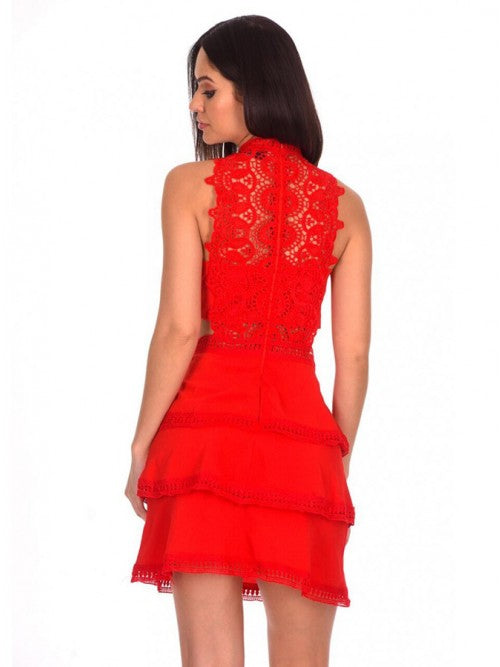 Red High Neck Lace Mermaid Short Cheap Homecoming Dresses, HDS0026