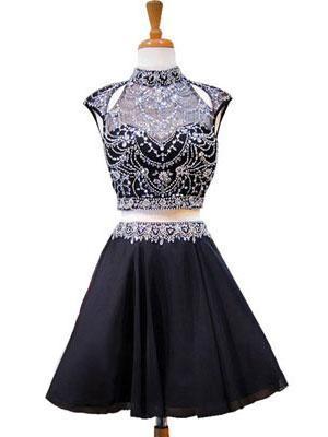 High Neck Beaded Short Two Piece Black Homecoming Dresses 2018, BDY0180