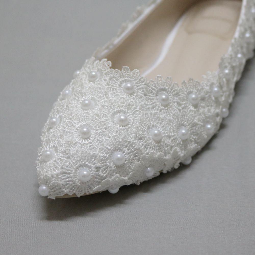 Pregnant Flat Heels Pearls Lace Pointed Toe White Wedding Bridal Shoes, SY0131