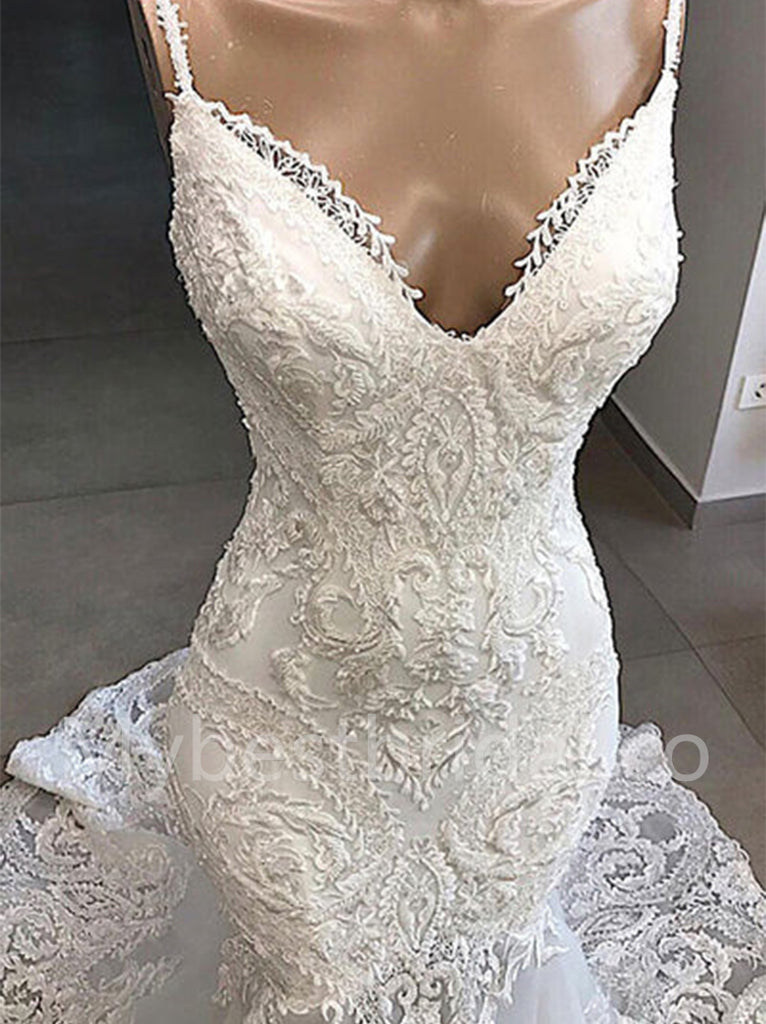 Sexy V-neck Spaghetti straps Mermaid Lace applique Wedding Dresses, WDY0300