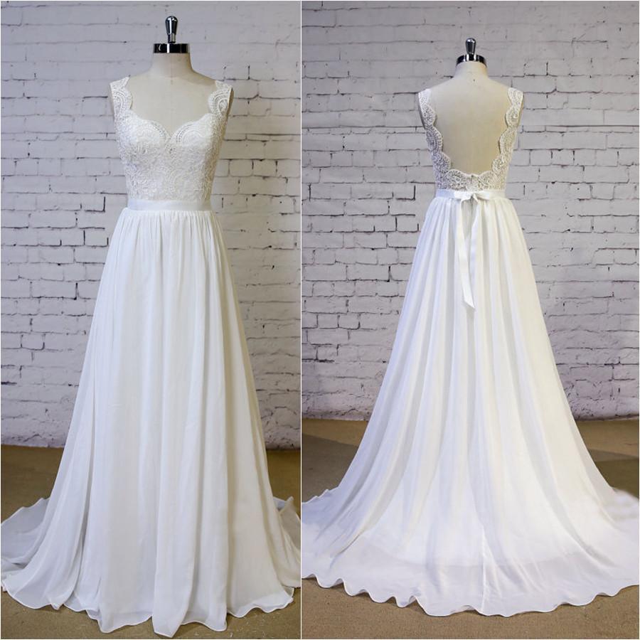 Cheap Backless V Neck Lace Straps Simple Beach Wedding Dresses, WDY0194
