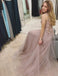 A-line Beaded Jewel Neck Dusty Pink Long Prom Dresses,Cheap Prom Dresses,PDY0531