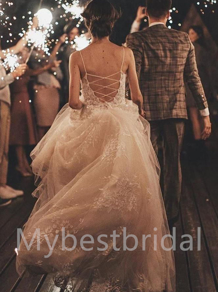 Elegant Spaghetti straps V-neck A-line Lace applique Wedding Dresses, WDY0307