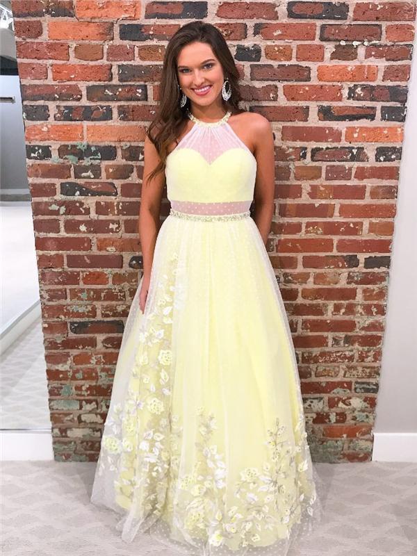Halter Tulle Prom Dresses, Floral Prom Dresses, Long Prom Dresses, Cheap Prom Dresses, BG0428