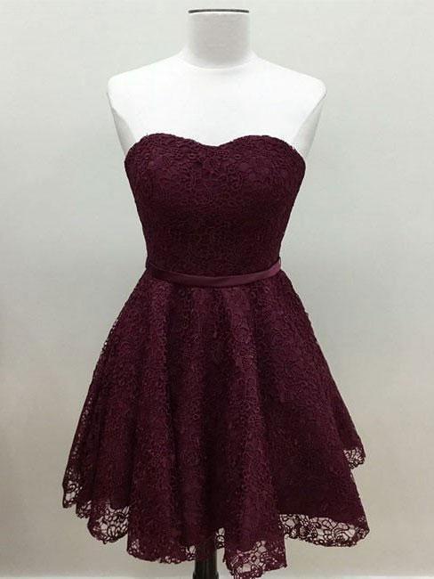 Sweetheart Cute Simpe Maroon Short Lace Homecoming Dresses 2018, BDY0259