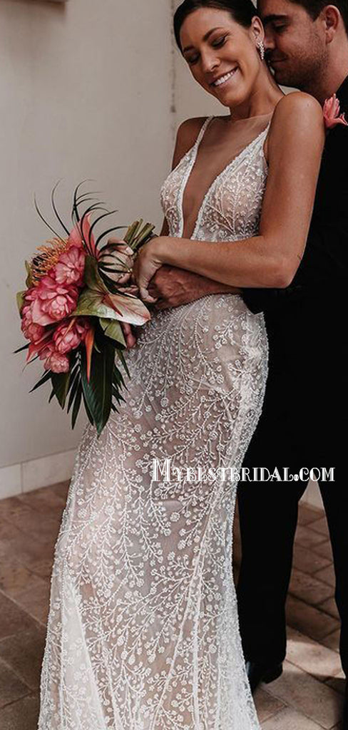 Popular V-neck Long Cheap Mermaid Open Back Wedding Dresses, TYP0019