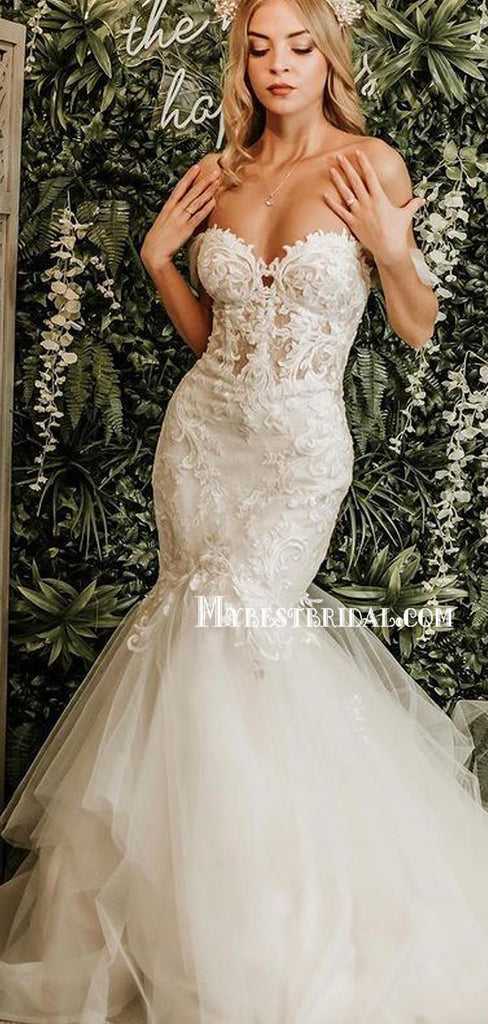 Elegant Sweetheart Sleeveless Mermaid Cheap Lace Wedding Dresses, TYP0015