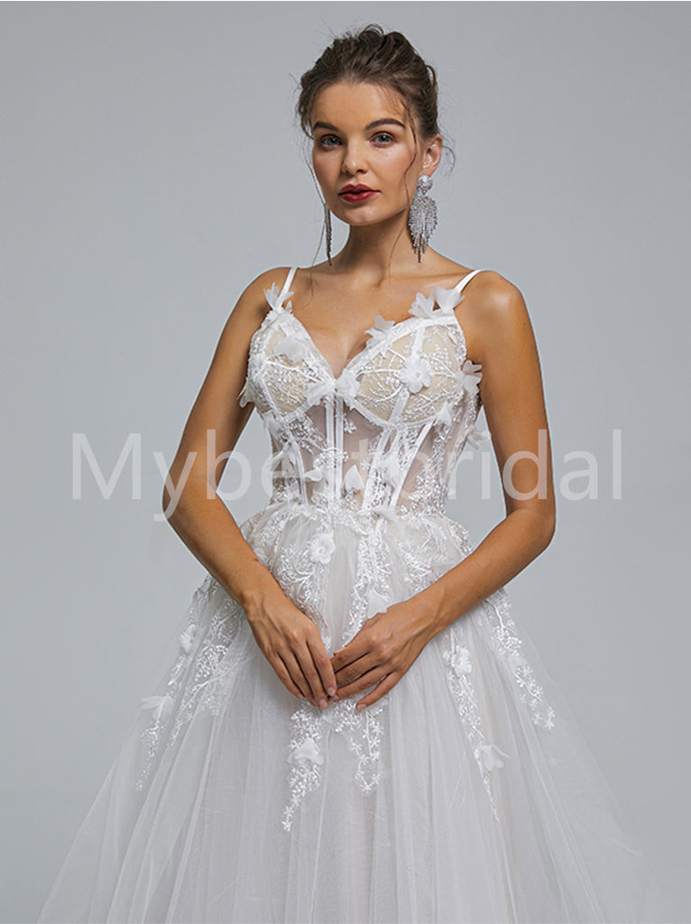 Elegant Spaghetti straps V-neck A-line Lace applique Wedding Dresses, WDY0267