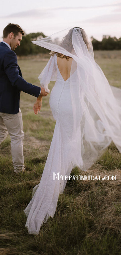 Romantic V-neck Tulle V-back Mermaid Simple Wedding Dresses.WDY0108