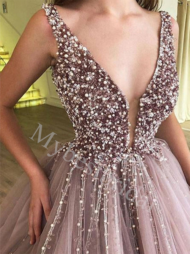 Elegant V-neck Sleeveless A-line Prom Dresses,PDS0919