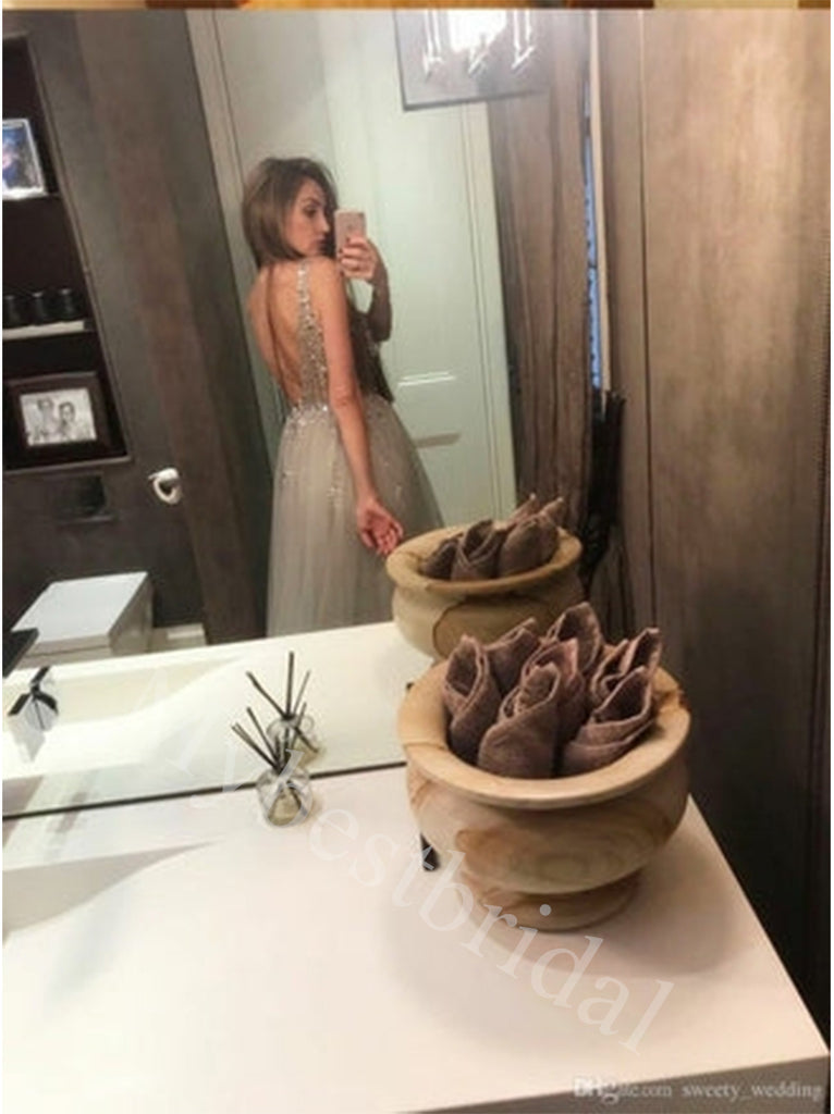 Sexy V-neck Side slit A-line Prom Dresses,PDS0929