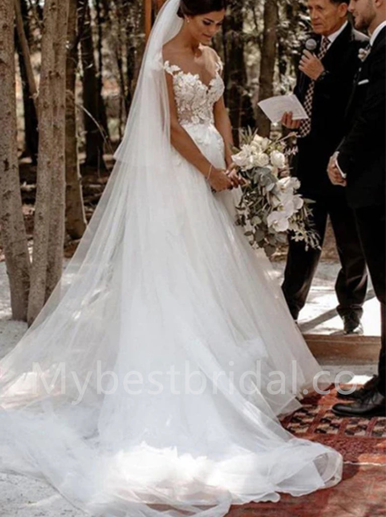 Elegant V-neck Off shoulder  A-line lace applique Wedding Dresses, WDY0281