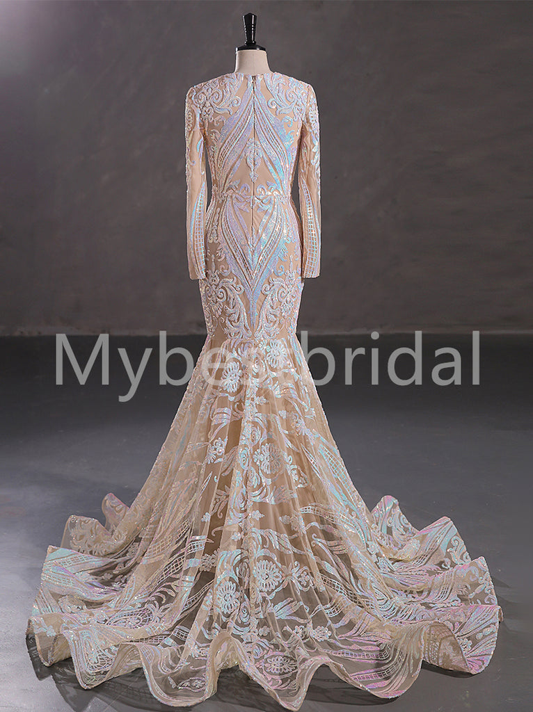 Sexy V-neck Long sleeves Mermaid Prom Dresses,PDS0517