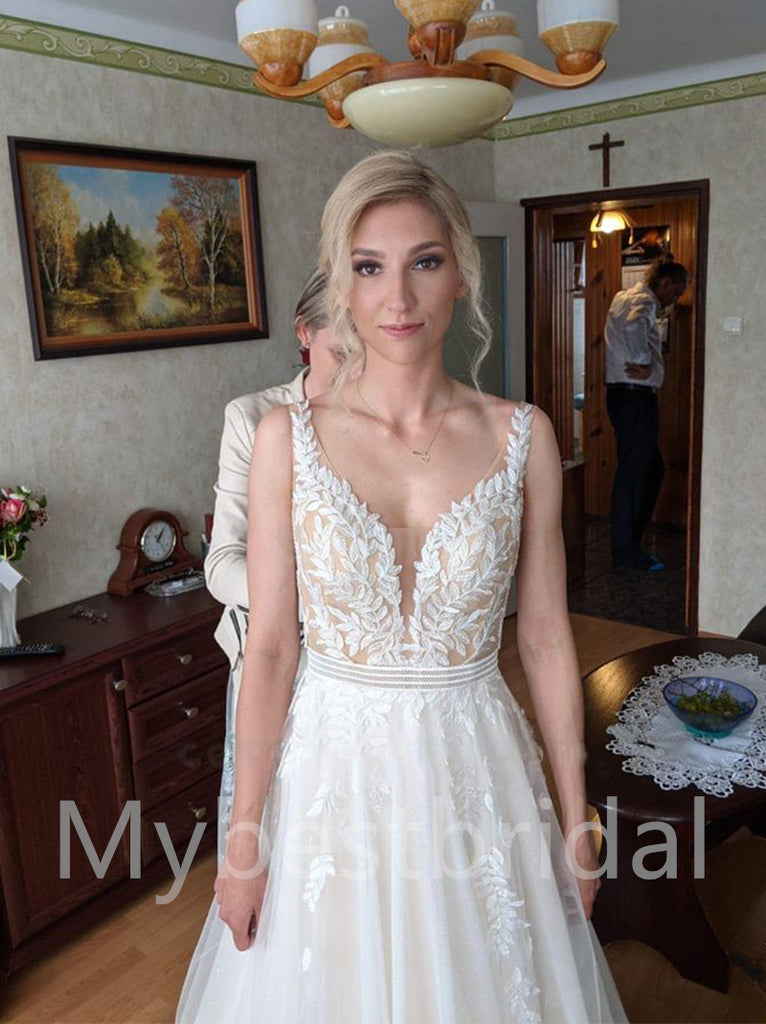 Sexy V-neck Spaghetti straps A-line Lace applique Wedding Dresses,WDY0316
