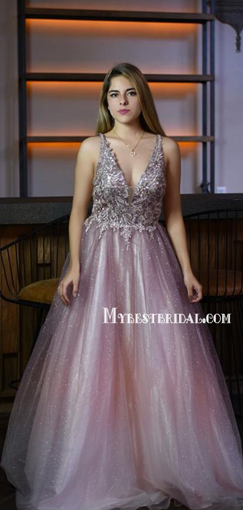 Elegent A-Line V-Neck Tulle Long Prom Dresses Online,WGY0184