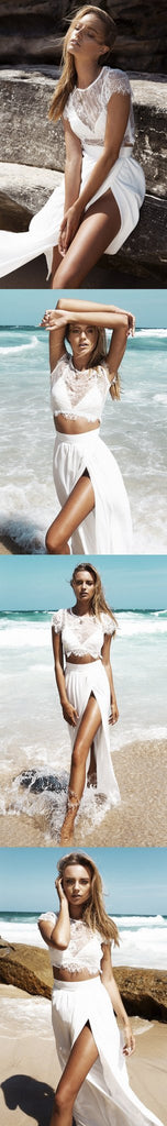 Sexy long two pieces white simple cap sleeves slit wedding dresses, PDY0113