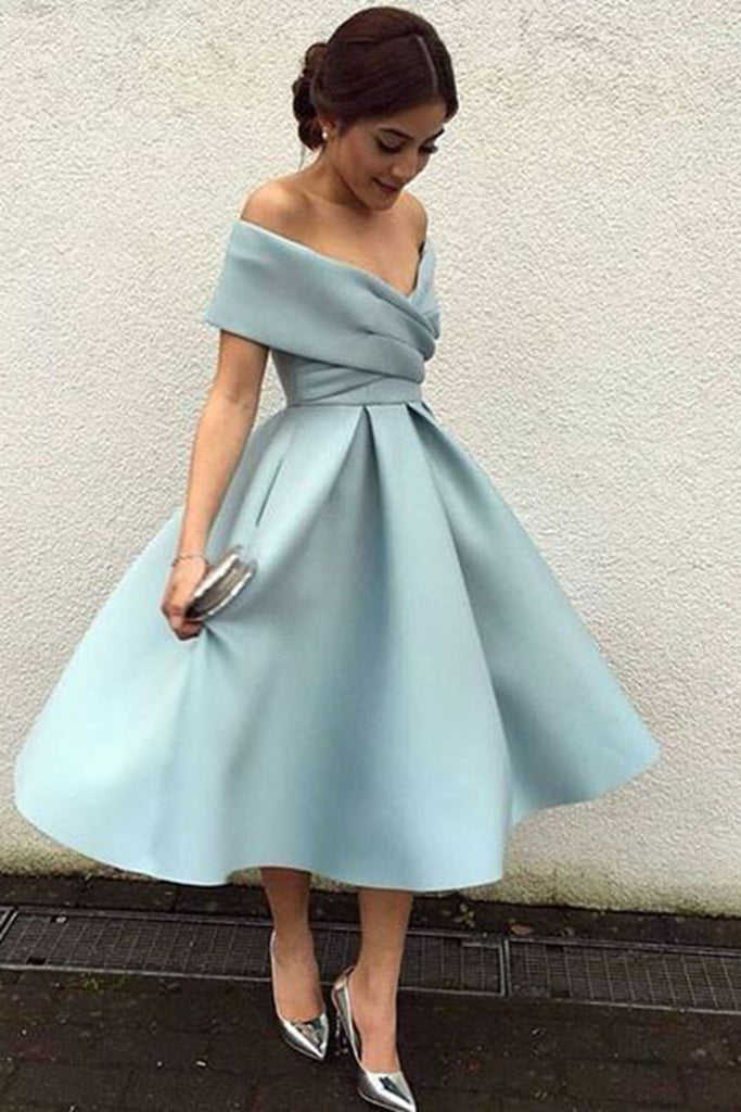 Off Shoulder Dusty Blue Short Cheap Homecoming Dresses 2018, BDY0295