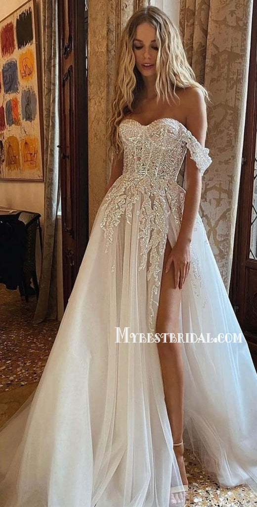 Sexy Sweetheart A-line Side Slit Lace Cheap Dresses For Wedding, WDY0264