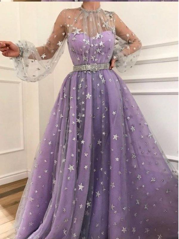 High Neck A-line Sparkly Star Lace Lilac Long Prom Dresses,Cheap Prom Dresses,PDY0527