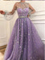 High Neck A-line Sparkly Star Lace Lilac Long Prom Dresses,Cheap Prom Dresses,PDY0527