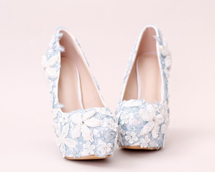 Handmade High Heels Round Toe Blue Lace Crystal Wedding Shoes, SY0111