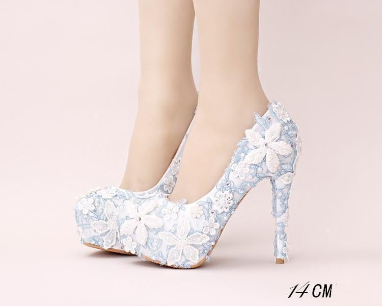 Handmade High Heels Round Toe Blue Lace Crystal Wedding Shoes, SY0111