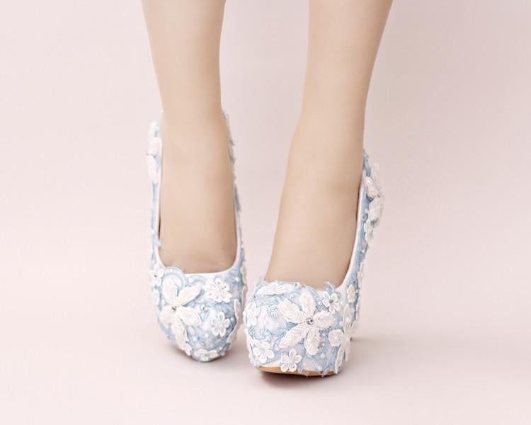 Handmade High Heels Round Toe Blue Lace Crystal Wedding Shoes, SY0111