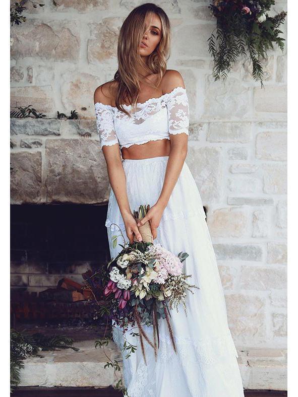 White Sexy Two Pieces Long Sleeve Lace Wedding Dresses Online, WDY0229