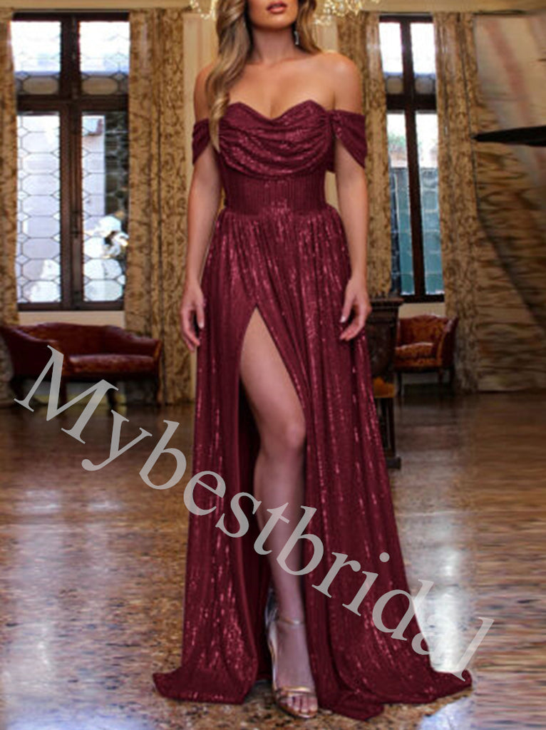 Elegant Strapless Off shoulder Side slit A-line Long Prom Dress,PDS1080