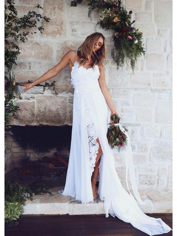 Spahgetti Straps V Neck Side Slit Simple Beach Wedding Dresses, WDY0196