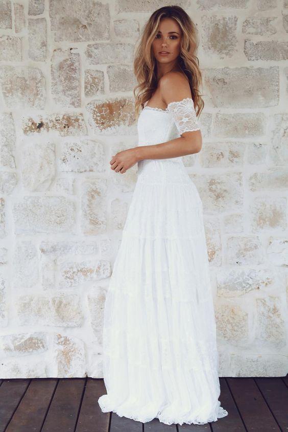 Off Shoulder Casual Cheap Ivory Lace Wedding Dresses Online, WDY0230