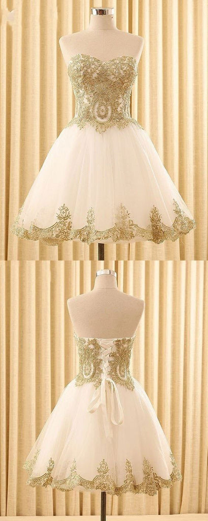 Sweetheart Gold Lace White Tulle Short Cheap Homecoming Dresses Online, BDY0351